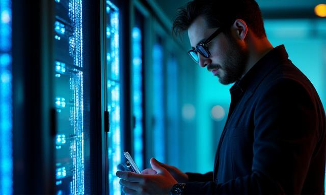 Cybersecurity professional working in a server room